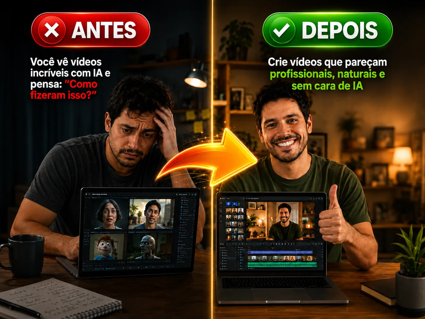 Antes: você vê vídeos incríveis com IA e pensa como fizeram isso. Depois: crie vídeos profissionais, naturais e sem cara de IA