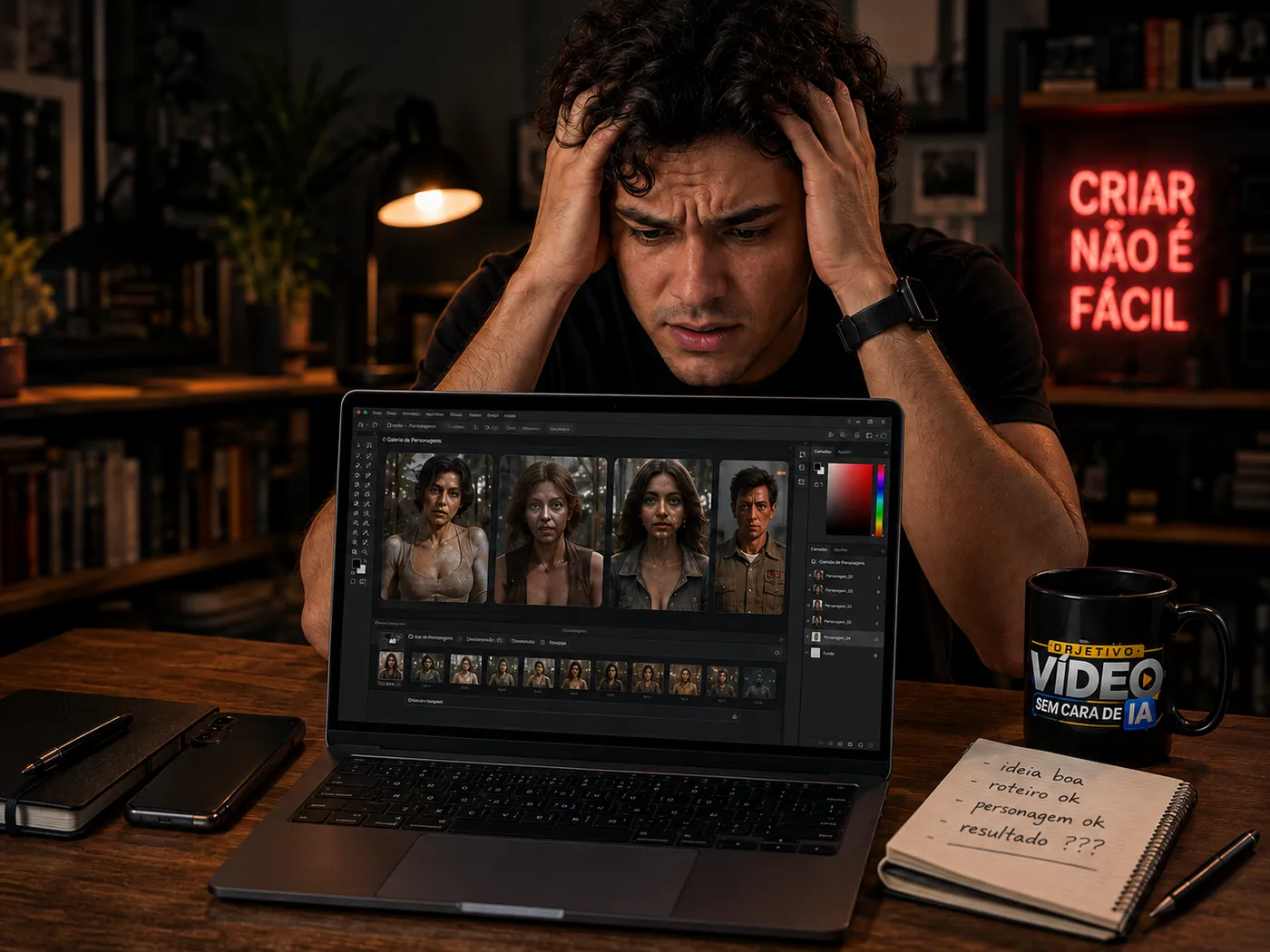 Criador frustrado tentando criar vídeos com inteligência artificial no computador